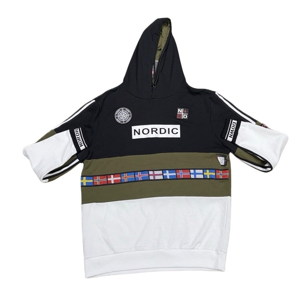 NORDIC DOWN *NWT* Nordic Flags Colorblock Fleece Hoodie Black White | Men's 2XL